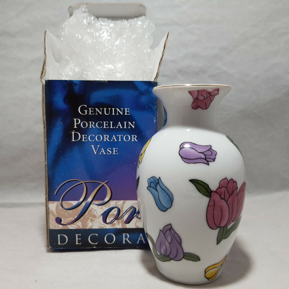 Vintage Genuine Porcelain Decorators Vase Small W Box Floral Decor‎ 4.25" Tall